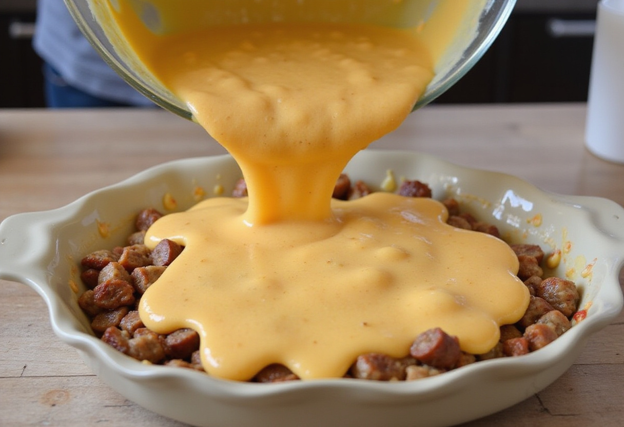 Preparing Pancake Sausage Casserole by layering pancake batter and sausage in a baking dish for a hearty breakfast bake.