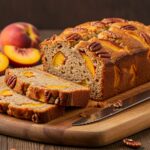 Deliciously baked peach pecan bread on a cutting board, showcasing its flavors and textures in an inviting kitchen display.