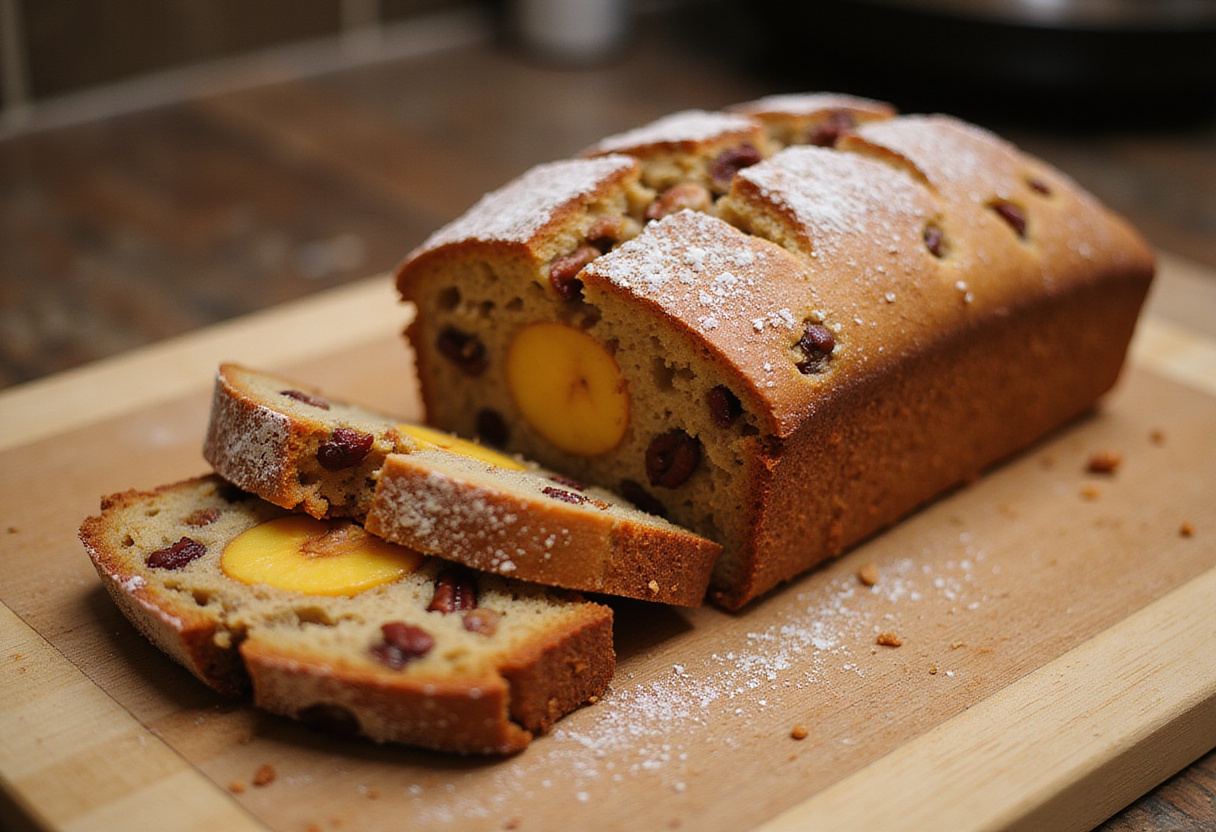 Deliciously baked peach pecan bread on a cutting board, showcasing its flavors and textures in an inviting kitchen display.