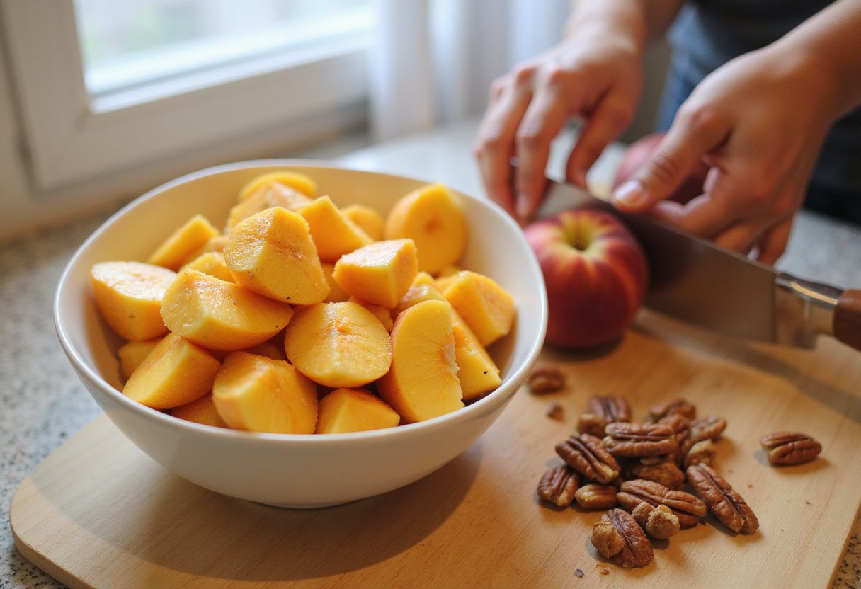 Chopping ripe peaches and pecans for peach pecan bread preparation in a sunlit kitchen.