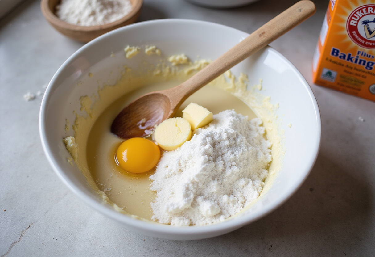Mixing ingredients for peach pecan bread, including sugar, butter, and eggs in a delicious preparation scene.