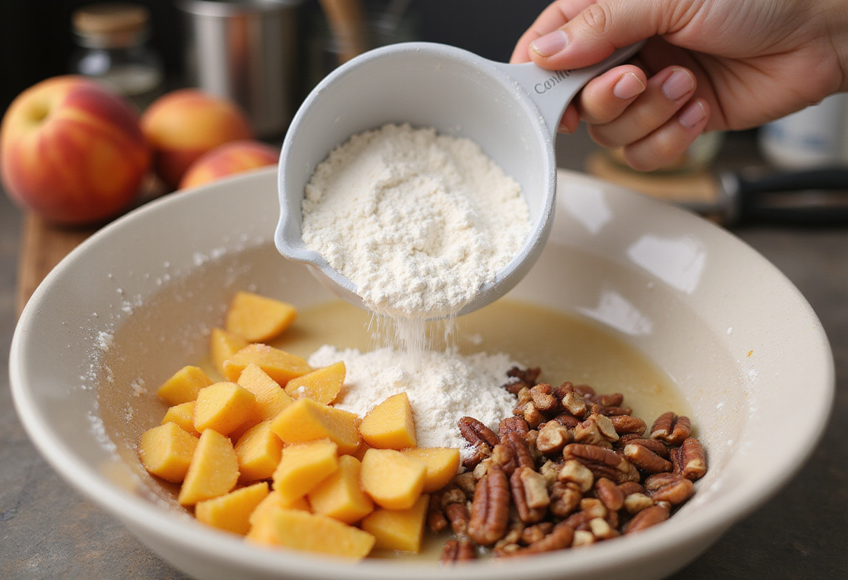 Adding flour to the mixture while preparing peach pecan bread, with fresh peaches and pecans visible in a warm kitchen.