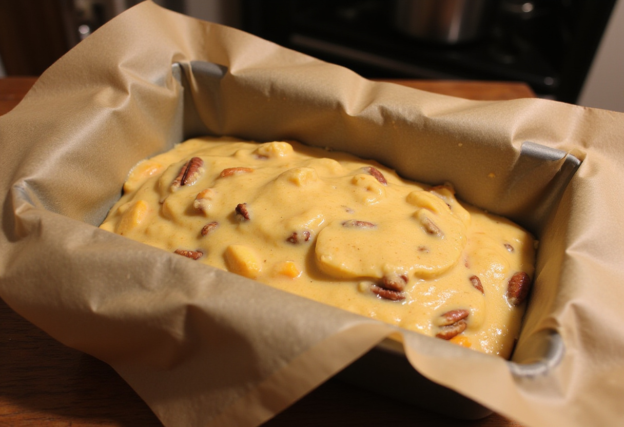 Preparing peach pecan bread batter in a lined loaf pan before baking, showcasing a cozy baking scene.