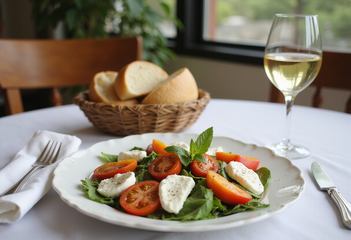A beautifully styled dining setting with Peach Tomato Burrata Salad, wine, and bread, perfect for a summer meal.