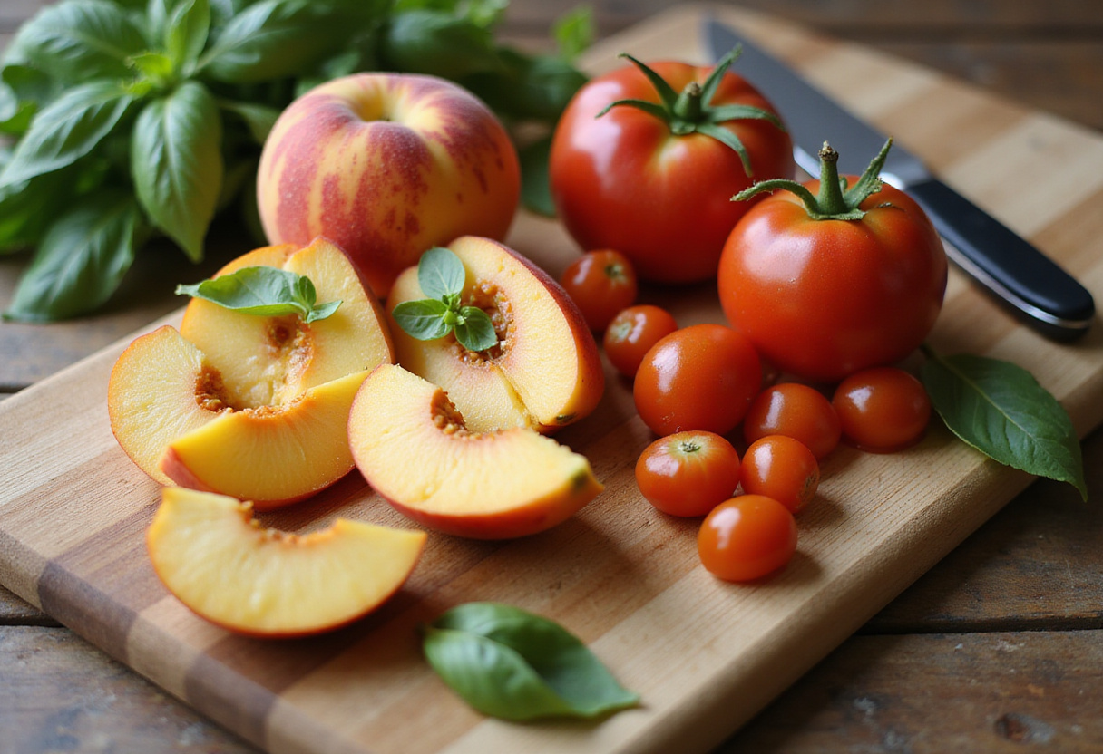 Preparing a vibrant Peach Tomato Burrata Salad with fresh peach and tomato slices on a wooden cutting board.