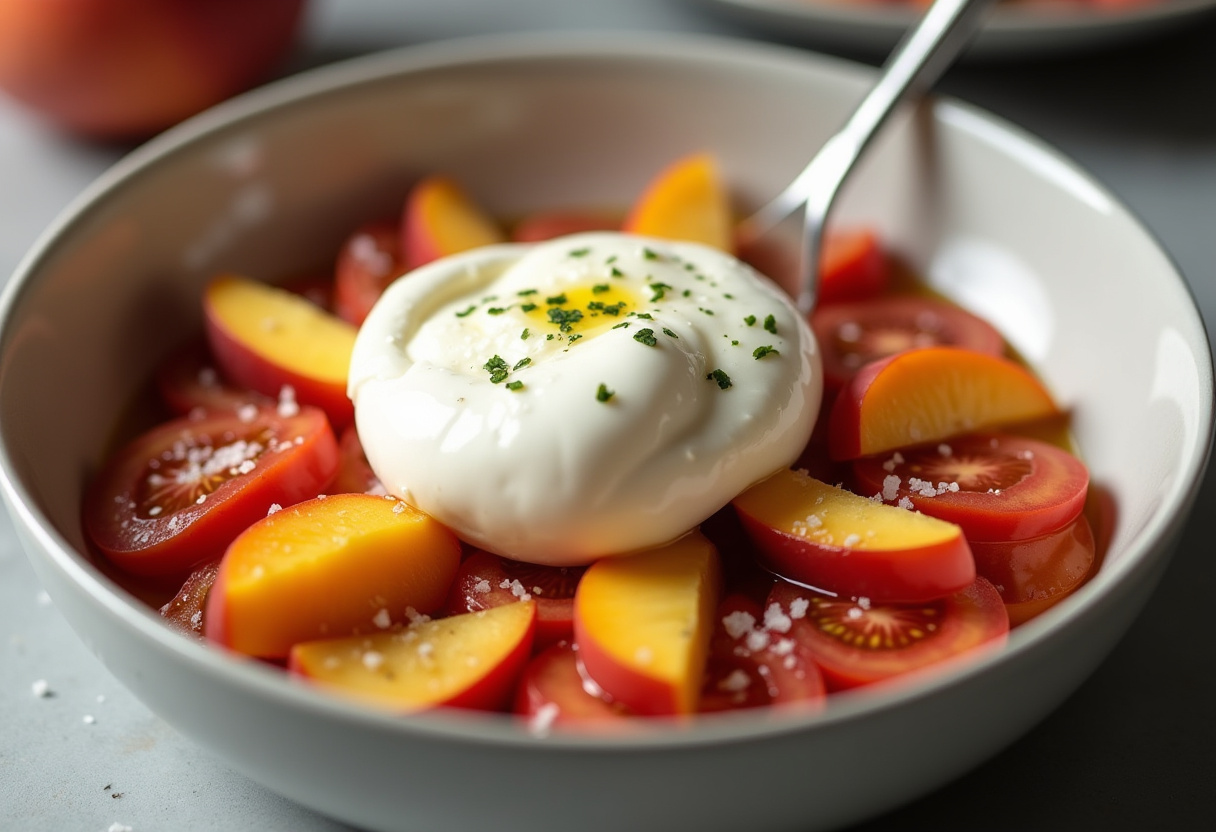 Layering creamy burrata cheese over fresh ingredients for a delicious Peach Tomato Burrata Salad.