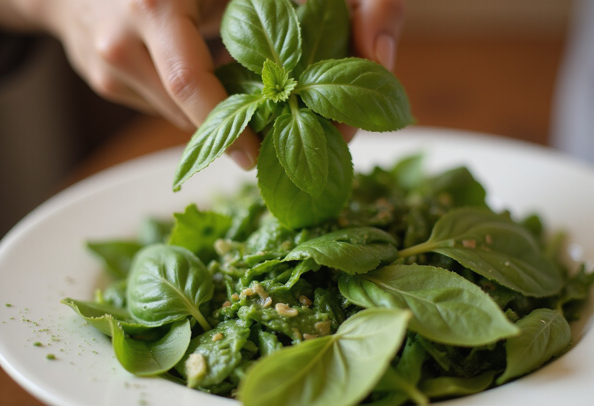 Adding fresh basil to a Peach Tomato Burrata Salad for a burst of flavor and color.