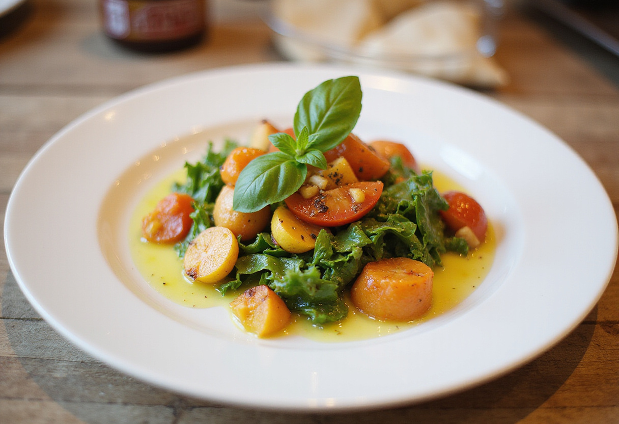 Displaying the colorful finished Peach Tomato Burrata Salad on a white plate with olive oil drizzle.