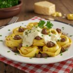Gorgeous presentation of Philly Cheesesteak Tortellini Pasta with melted cheese and herbs, ready to be enjoyed in a cozy setting.