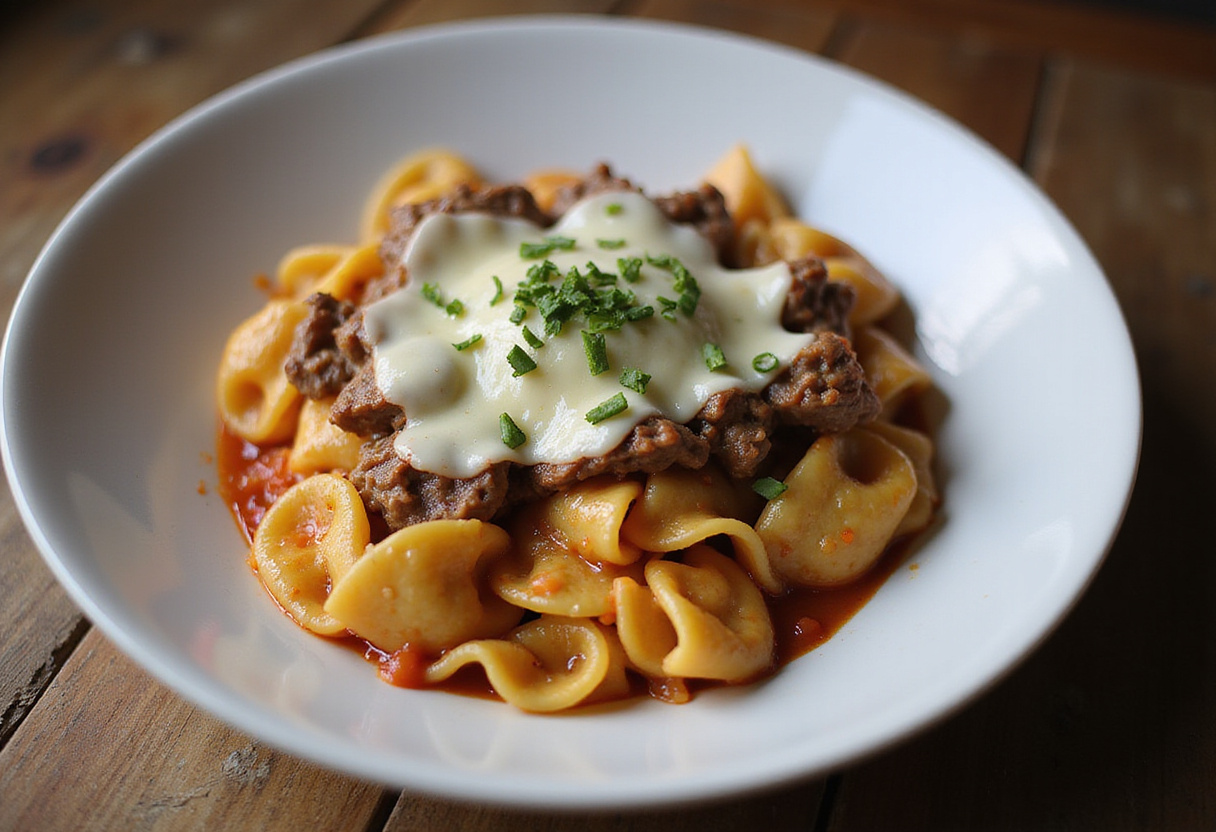 Gorgeous presentation of Philly Cheesesteak Tortellini Pasta with melted cheese and herbs, ready to be enjoyed in a cozy setting.