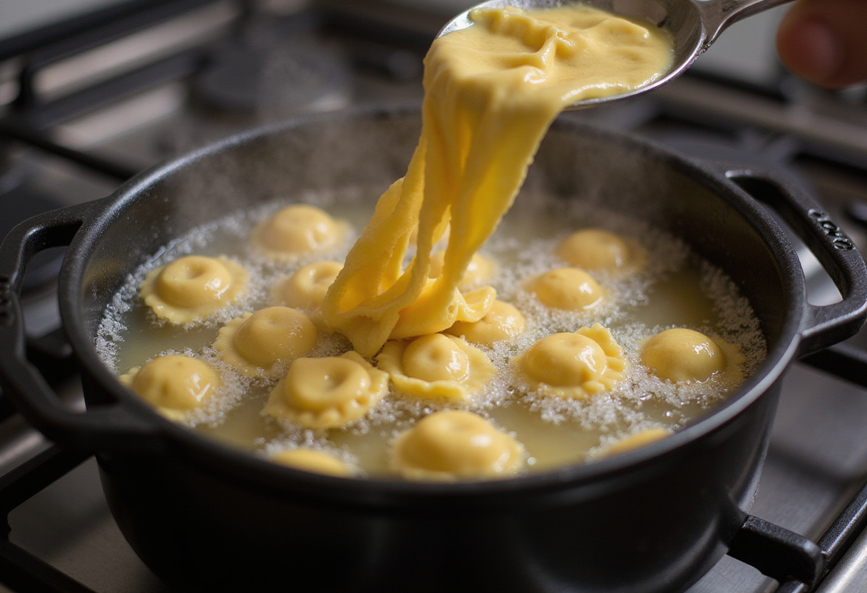 Cooking tortellini pasta for Philly Cheesesteak Tortellini Pasta in a boiling pot, steam visible and vibrant colors of the pasta showing.