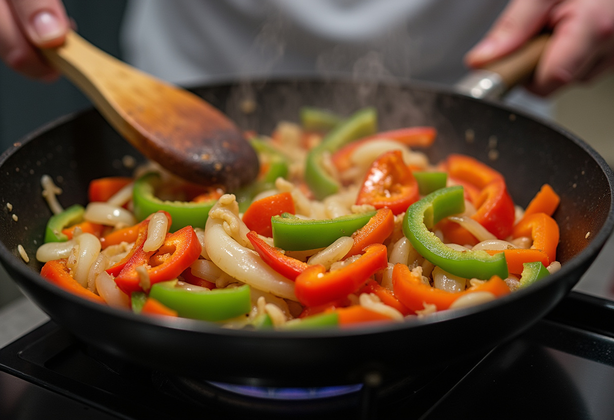Sautéing bell peppers and onions for Philly Cheesesteak Tortellini Pasta in a skillet, capturing vibrant colors and cooking action.