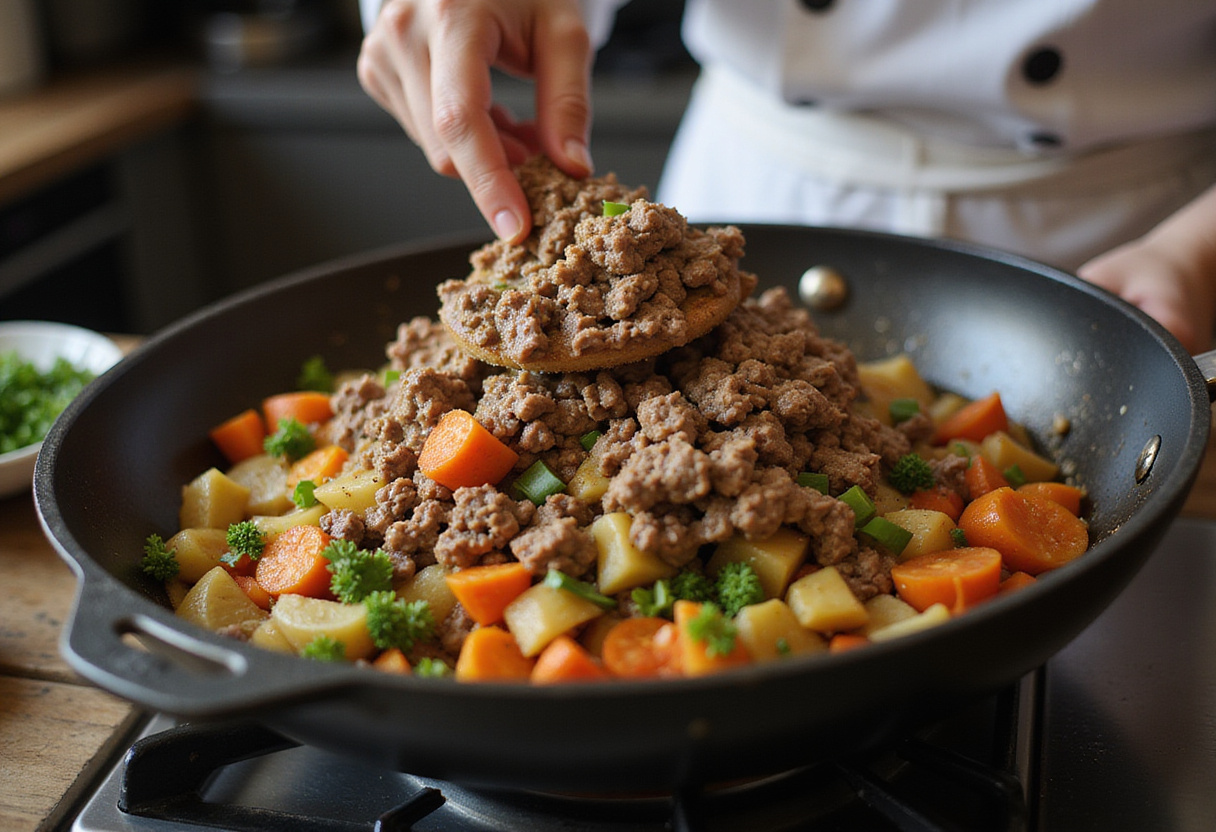 Combining ground beef with sautéed bell peppers and onions for Philly Cheesesteak Tortellini Pasta in a skillet, showcasing rich textures.