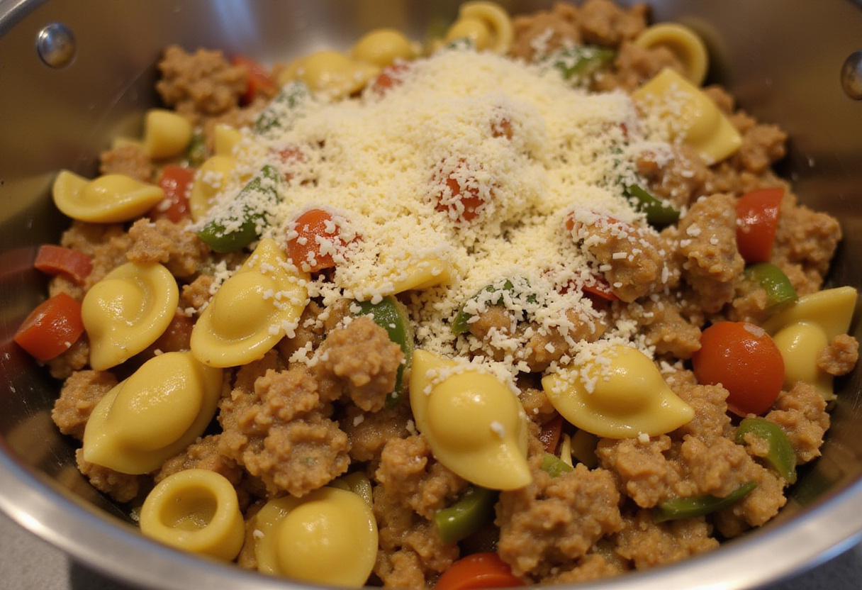 Mixing tortellini with ground beef and sautéed veggies for a delicious Philly Cheesesteak Tortellini Pasta dish, highlighted with cheese.