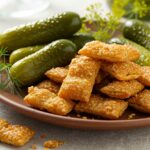 Deliciously presented pickle-flavored treats on a stylish plate, showcasing the unique flavor profile and appetizing appearance in a vibrant kitchen setting.