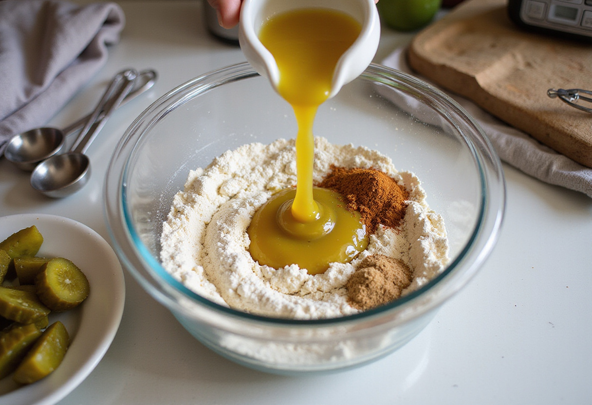 Mixing flour, sugar, and spices while adding pickle juice to create delicious pickle-flavored treats in a cozy kitchen setting.