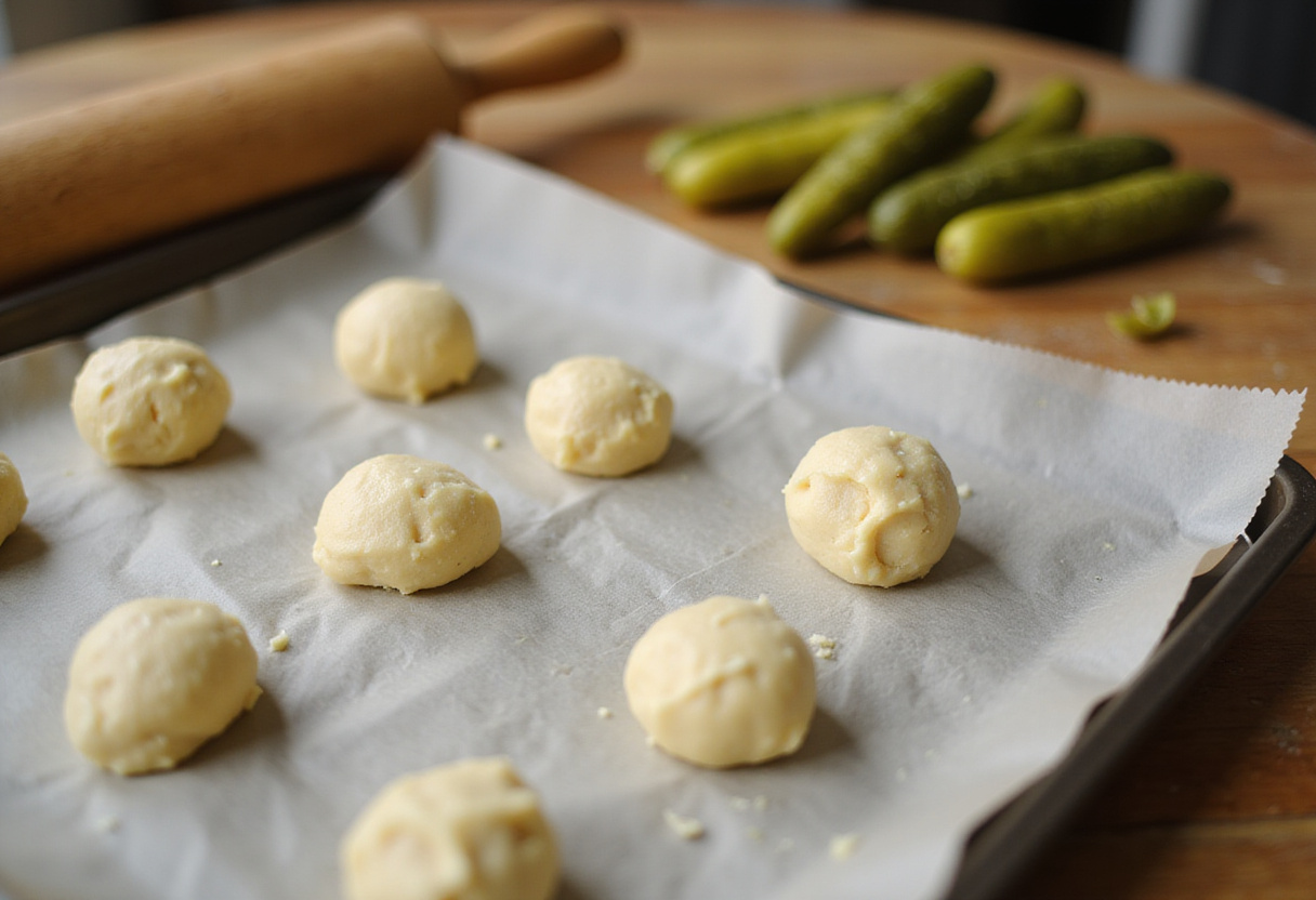 Shaping dough into small balls for pickle-flavored treats, showcasing the preparation process in a clean and organized kitchen environment.