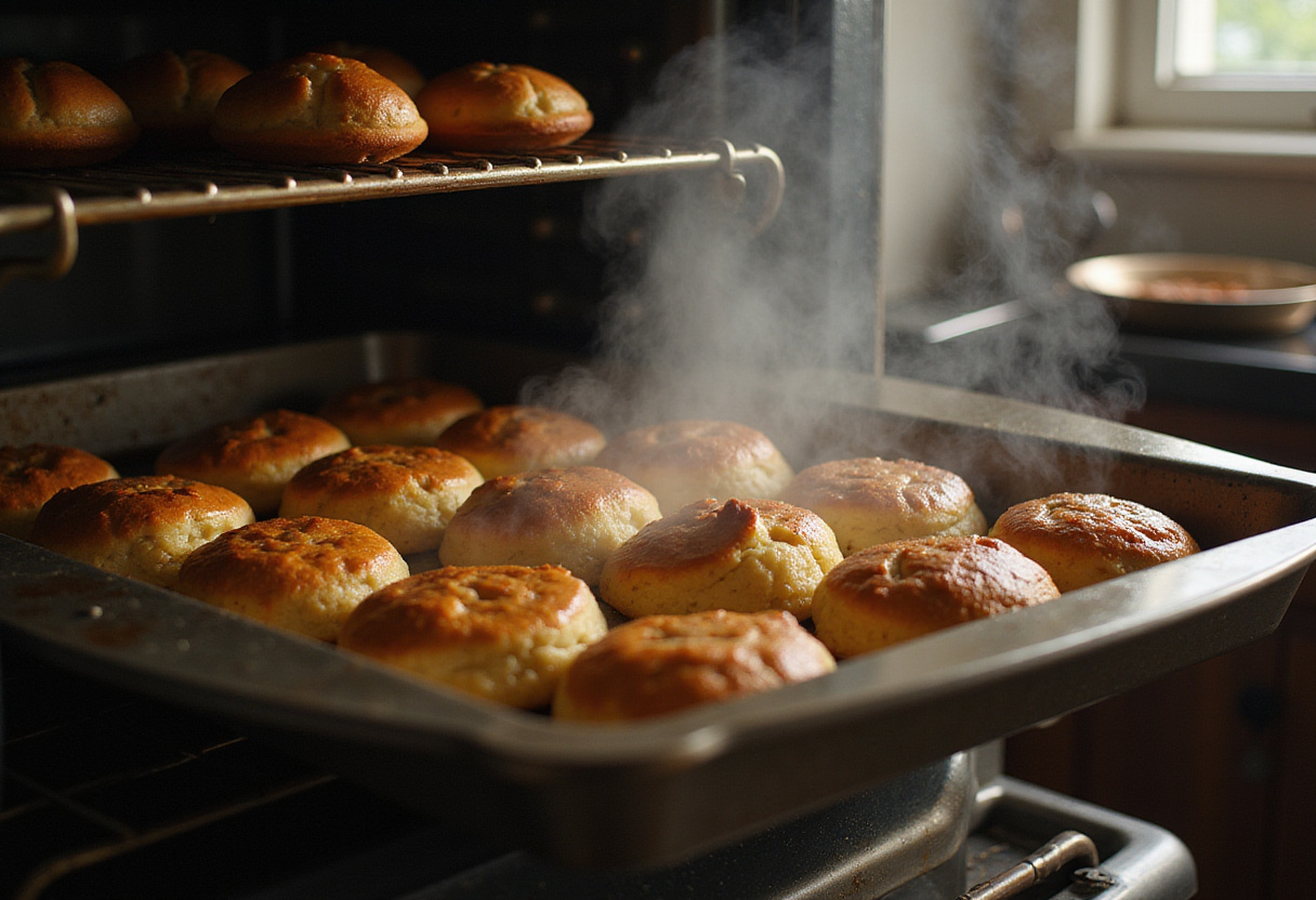Baking golden-brown pickle-flavored treats, capturing the moment of freshly baked goods with a warm kitchen backdrop and inviting ambiance.