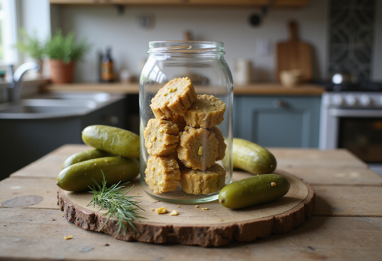 Arranging pickle-flavored treats in a jar, garnished with herbs and fresh pickles for a delightful presentation in a welcoming kitchen atmosphere.