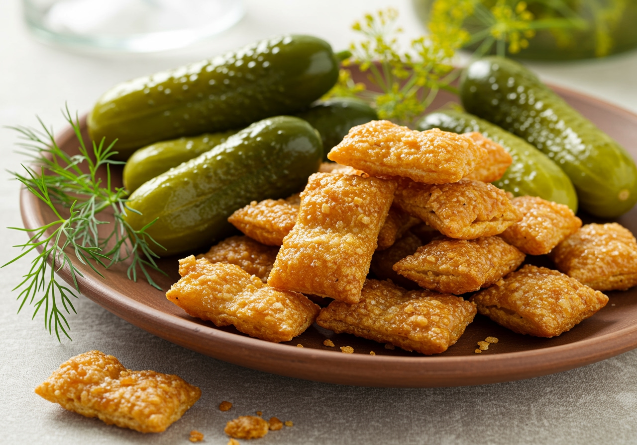Deliciously presented pickle-flavored treats on a stylish plate, showcasing the unique flavor profile and appetizing appearance in a vibrant kitchen setting.