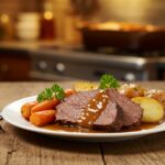 Delicious pot roast served on a wooden table, featuring tender beef and colorful vegetables, a perfect comforting meal for family gatherings.