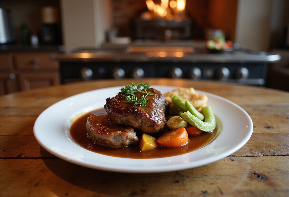 Delicious pot roast served on a wooden table, featuring tender beef and colorful vegetables, a perfect comforting meal for family gatherings.