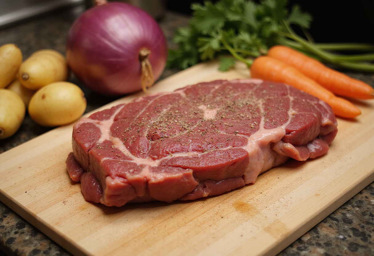 Pot roast preparation with seasoned beef roast on a cutting board, fresh vegetables like carrots, potatoes, and onions arranged for easy cooking.