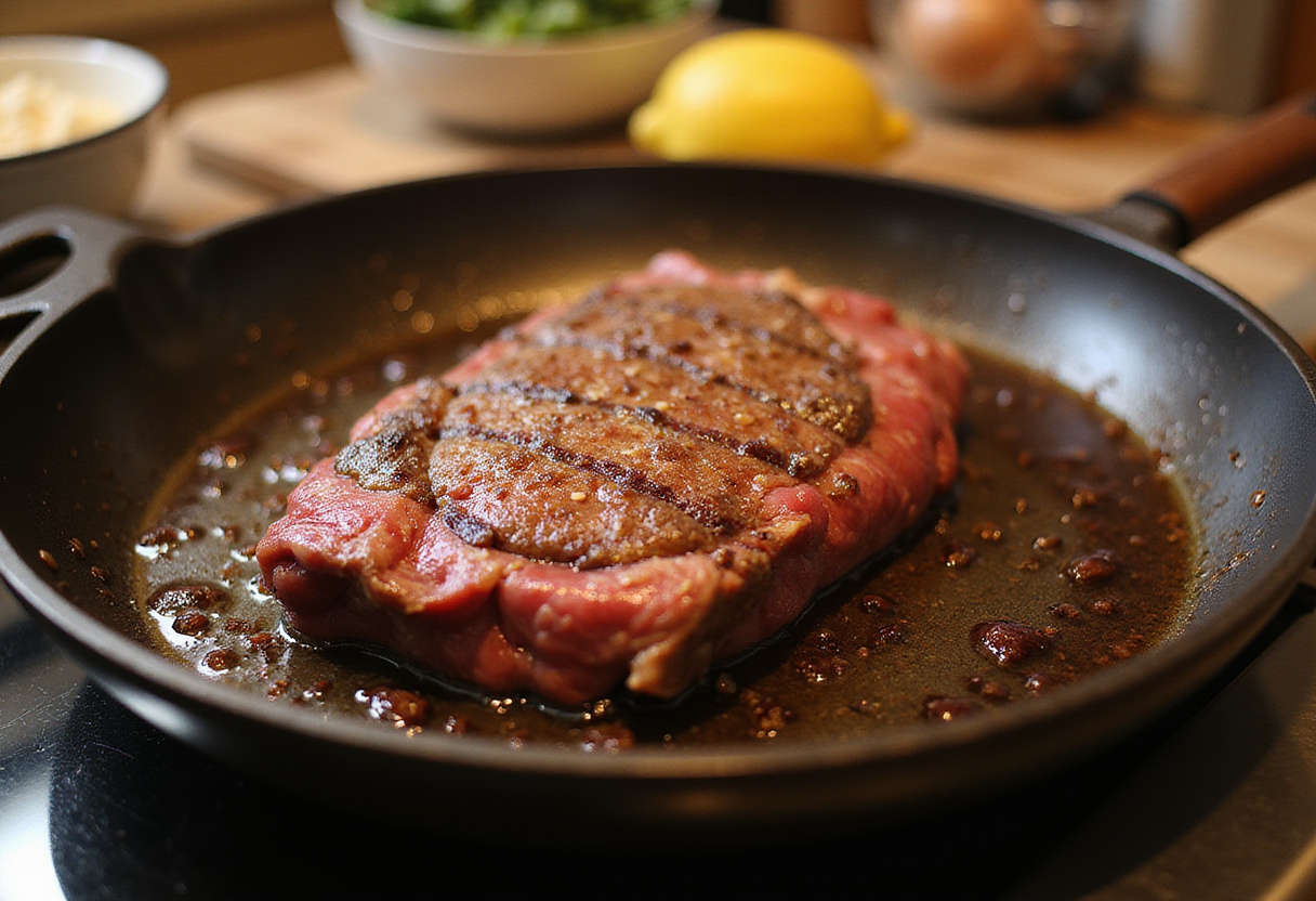 Searing a seasoned beef roast in a skillet to achieve a golden brown exterior, ideal for a delicious pot roast.