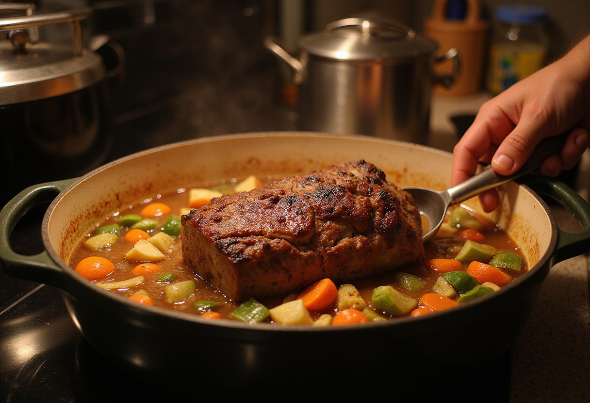 Combining seared beef roast with vegetables and broth in a Dutch oven, ready to be baked for a tasty pot roast meal.