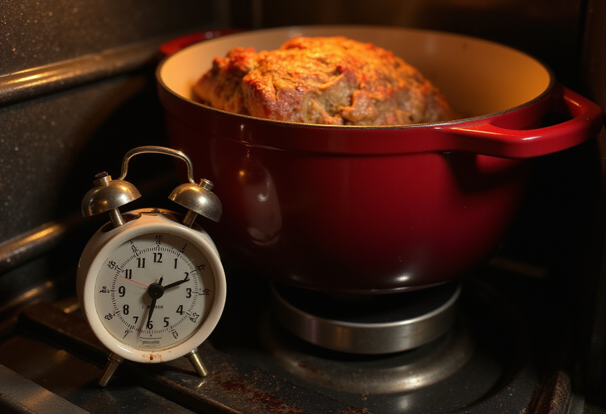 Setting the timer for cooking pot roast in a Dutch oven, highlighting the anticipation of a delicious home-cooked meal.