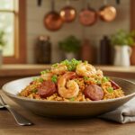 Final presentation of Shrimp and Sausage Dirty Rice in a rustic bowl, beautifully garnished and ready to be enjoyed, highlighting the dish's hearty and flavorful essence.