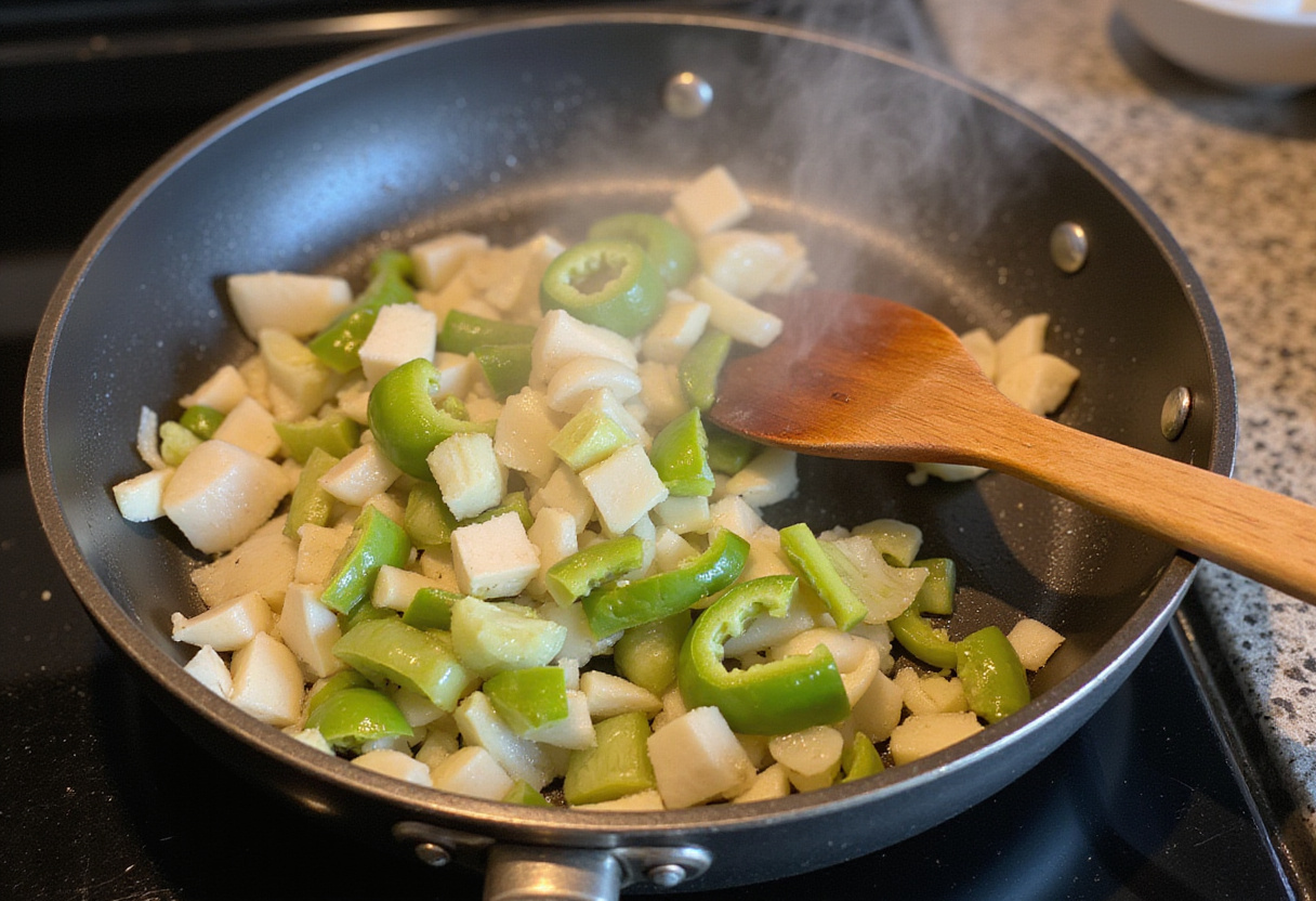Chopped vegetables for Shrimp and Sausage Dirty Rice sautéed until softened, showcasing the vibrant colors of bell peppers, onions, and celery.