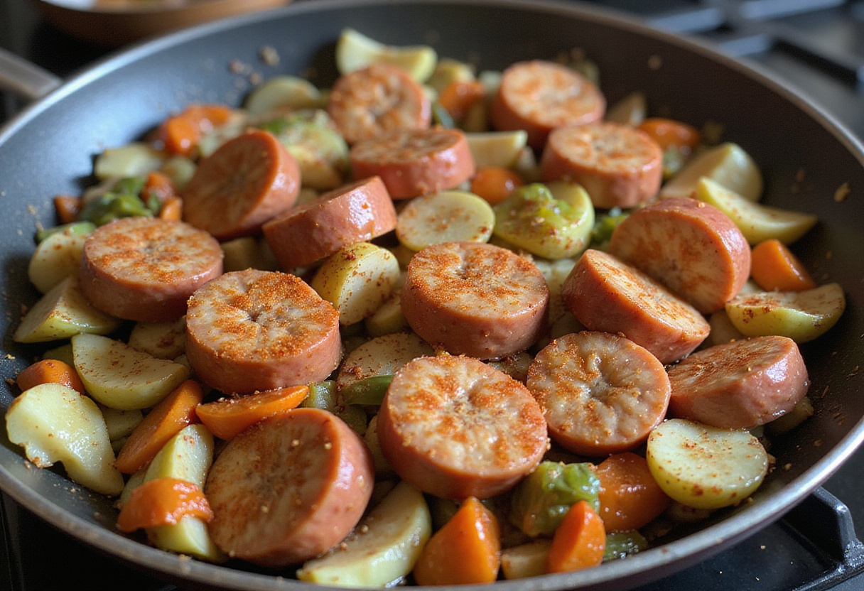 Sliced sausage joining sautéed vegetables in a skillet, creating a delicious base for Shrimp and Sausage Dirty Rice with warm spices added.