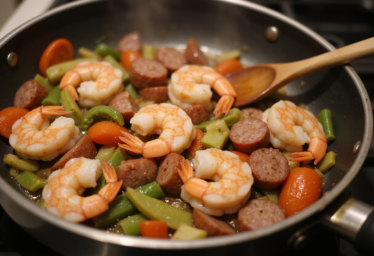 Fresh shrimp cooking with sausage and vegetables on the stovetop, signifying the preparation of flavorful Shrimp and Sausage Dirty Rice.