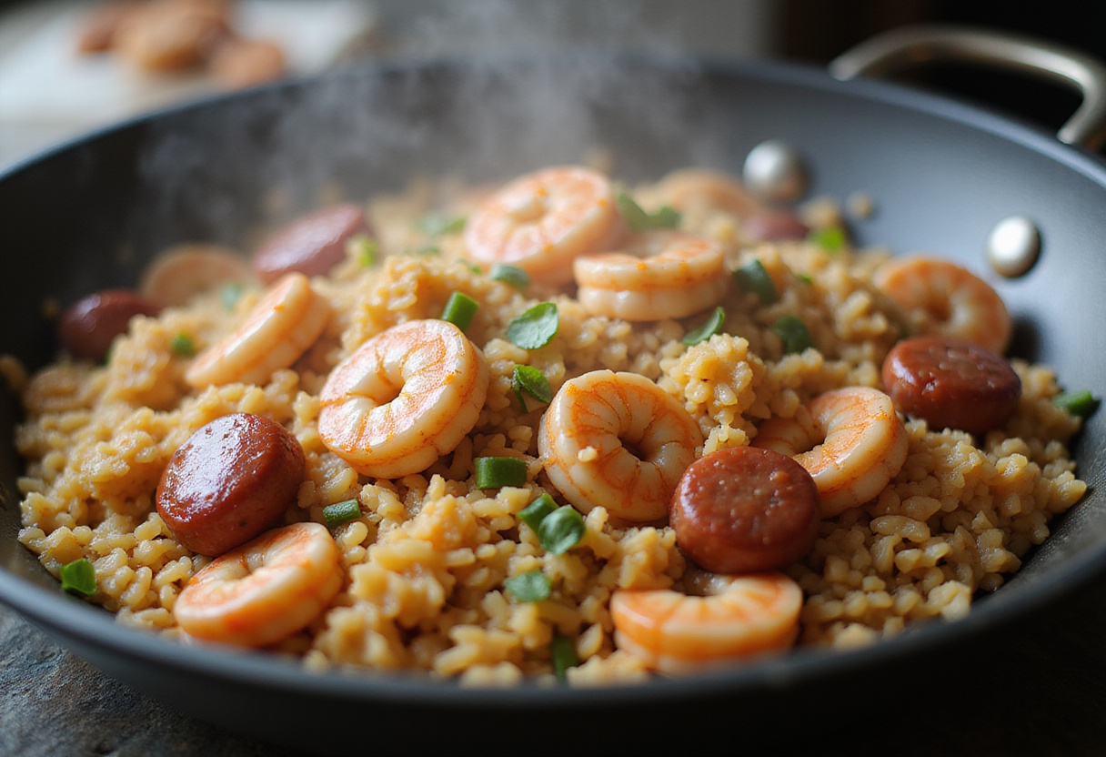 Rice being incorporated into the shrimp and sausage mixture, capturing the essence of Shrimp and Sausage Dirty Rice preparation.
