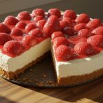 Gorgeous simple strawberry cheesecake topped with fresh strawberries and sauce, perfectly presented on a rustic wooden table.