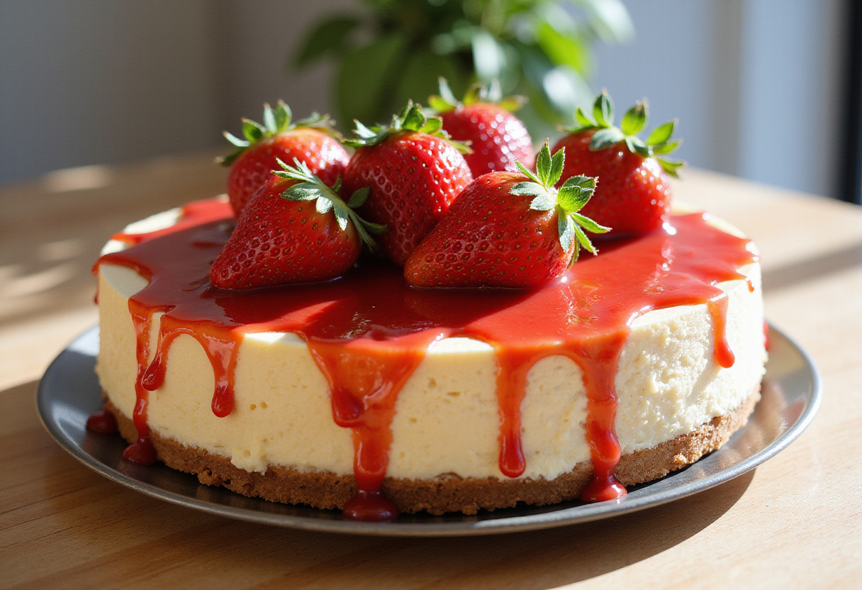 Gorgeous simple strawberry cheesecake topped with fresh strawberries and sauce, perfectly presented on a rustic wooden table.