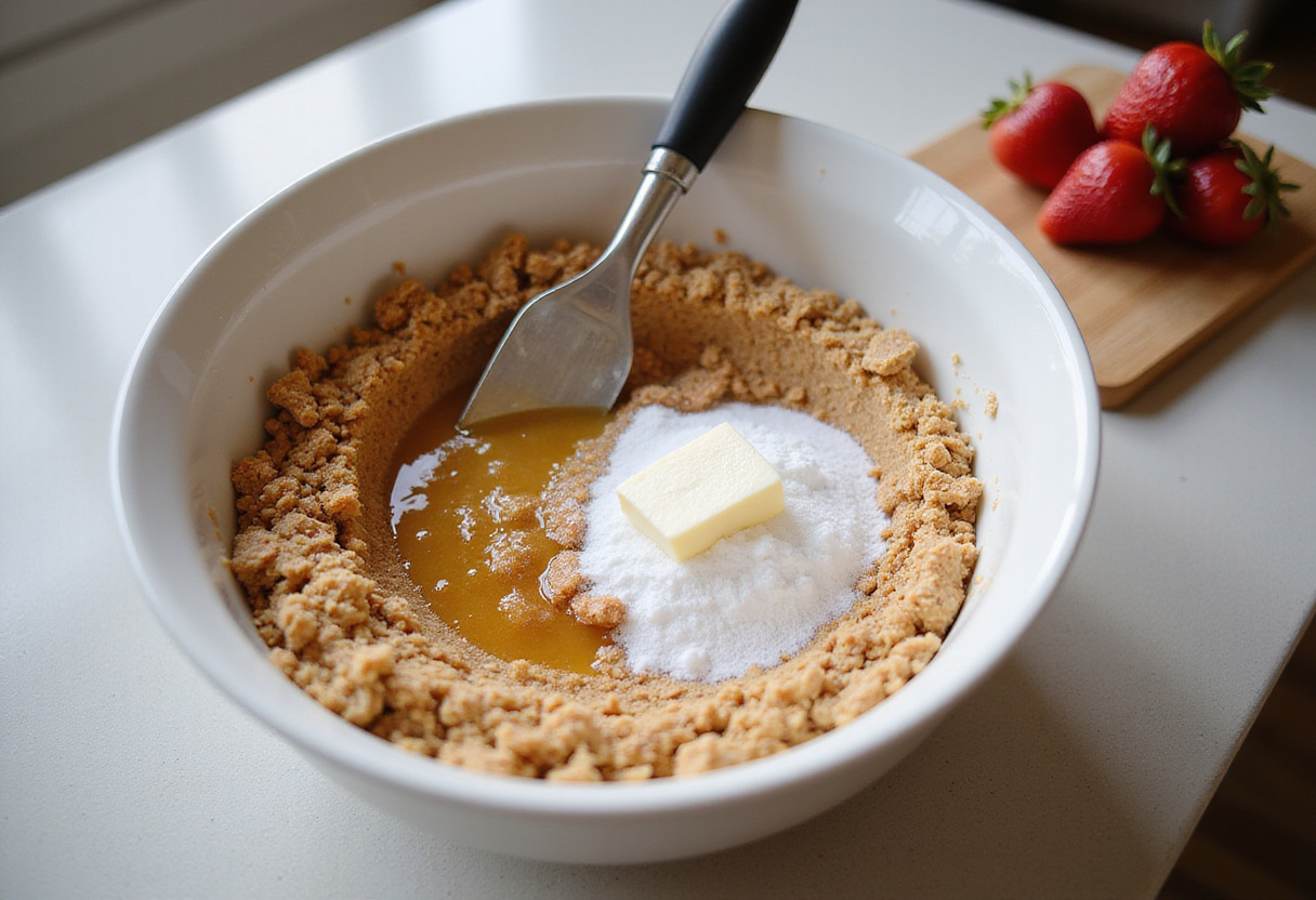 Prepare the crust for simple strawberry cheesecake using crushed graham crackers, sugar, and melted butter, fresh strawberries in the background.