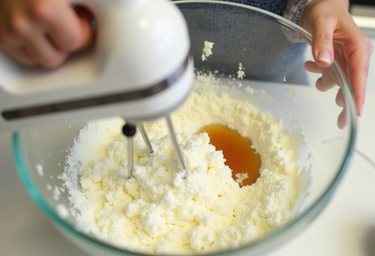 Mix cream cheese, sugar, and vanilla for strawberry cheesecake; electric mixer creating a smooth mixture in a cozy kitchen.