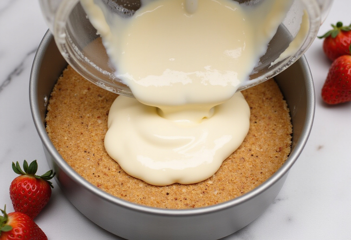 Pour the cream cheese filling into a springform pan for strawberry cheesecake, showcasing a bright kitchen ambiance with fresh strawberries.