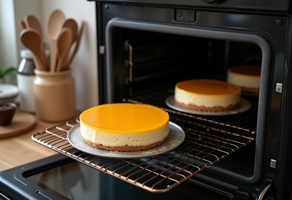 Bake a simple strawberry cheesecake in the oven; an inviting kitchen setting filled with baking tools and fresh strawberries nearby.