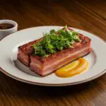Served Smoked Shotgun Shells Bacon on a wooden table, garnished with fresh herbs, highlighting the deliciousness and presentation of this mouthwatering dish.