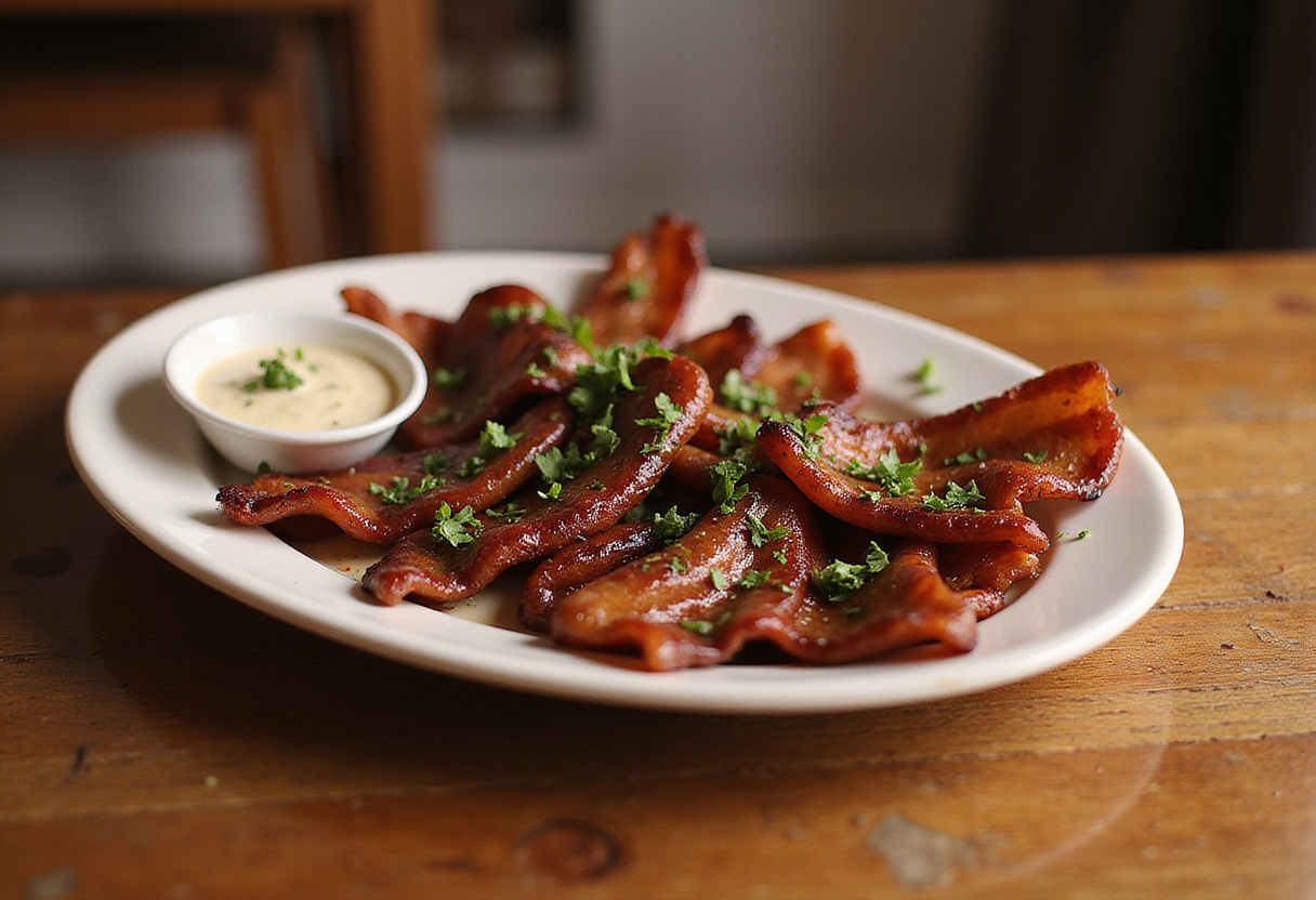 Served Smoked Shotgun Shells Bacon on a wooden table, garnished with fresh herbs, highlighting the deliciousness and presentation of this mouthwatering dish.