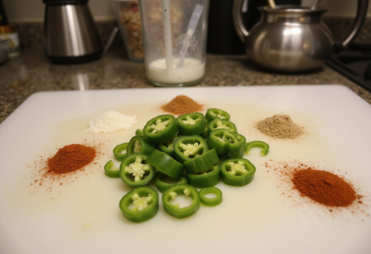 Fresh jalapeños sliced for Smoked Shotgun Shells Bacon alongside spices like garlic powder and smoked paprika, featuring an organized kitchen setup.