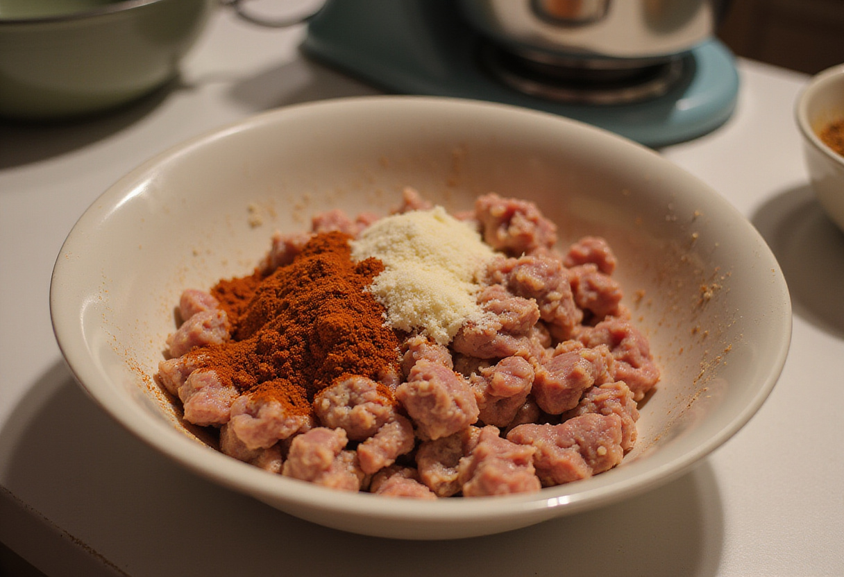 Ground meat mixed with spices to prepare delicious Smoked Shotgun Shells Bacon, showcasing the meat's texture and the spices used in the recipe.