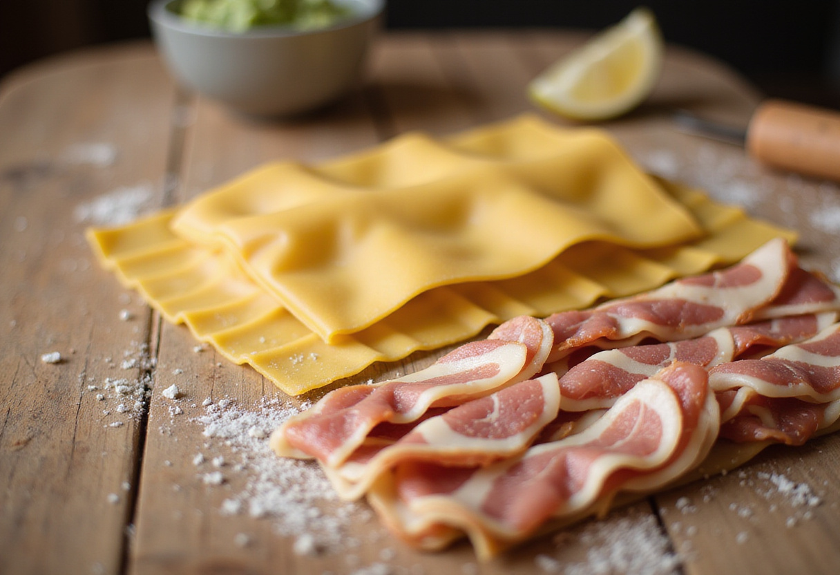 Lasagna noodles and bacon prepared for Smoked Shotgun Shells Bacon, highlighting the unique wrapping technique and rustic kitchen feel.