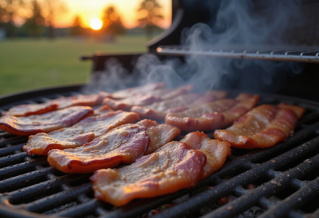 Grilling Smoked Shotgun Shells Bacon outdoors, showcasing the shells sizzling on the grill with a warm sunset, perfect for a backyard gathering.