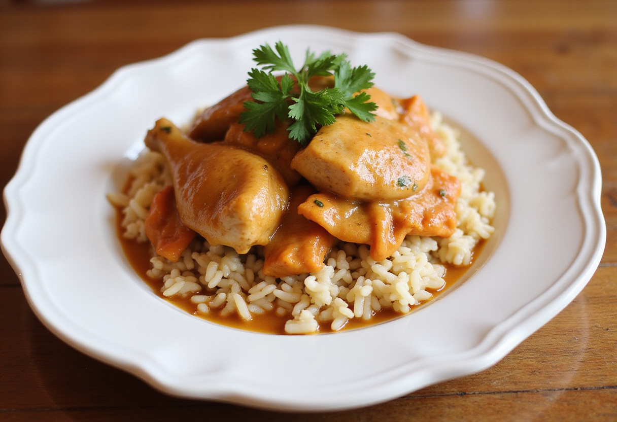 Completed smothered chicken and rice dish, creamy and flavorful, garnished and ready to enjoy, the final presentation in a homey kitchen setting.