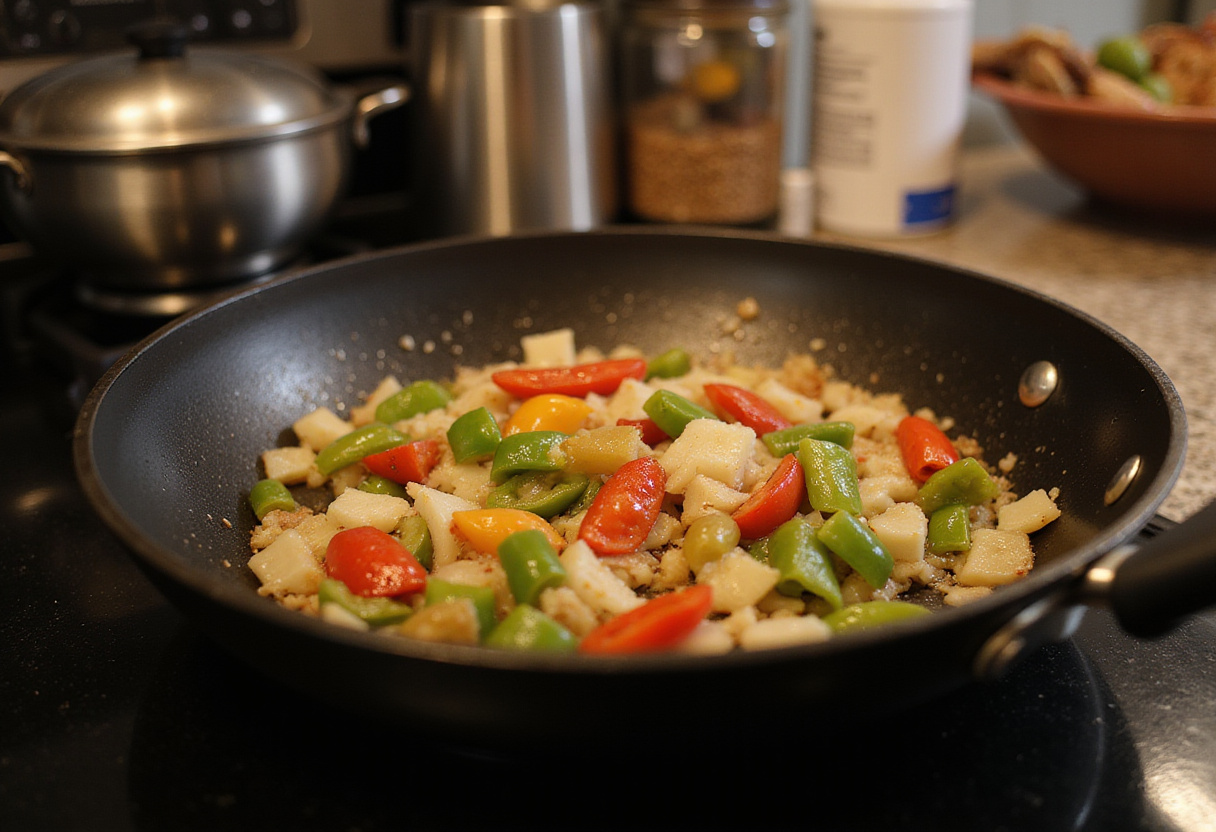Sautéed onions and bell peppers for smothered chicken and rice, vibrant colors cooking in a skillet, savory dish starting off.