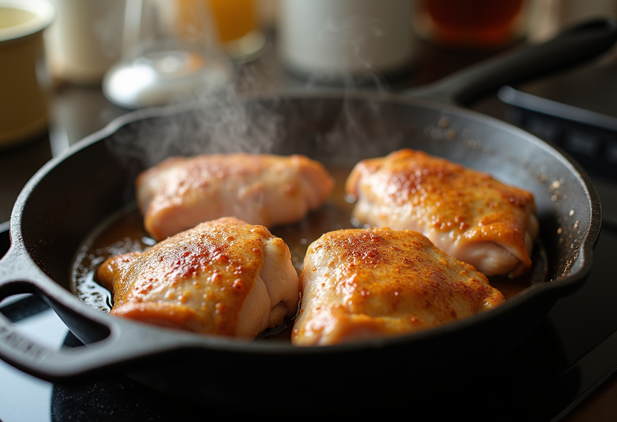 Browning seasoned chicken pieces in a skillet, the foundation of smothered chicken and rice, capturing the homey cooking vibe.